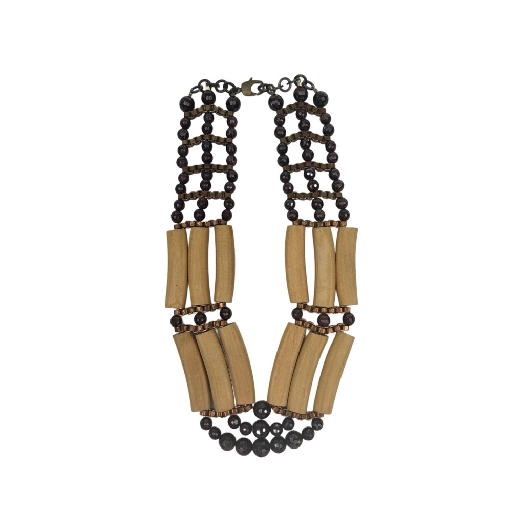 Wood and Bead Statement Necklace- Chunky Boho Tribal‎
